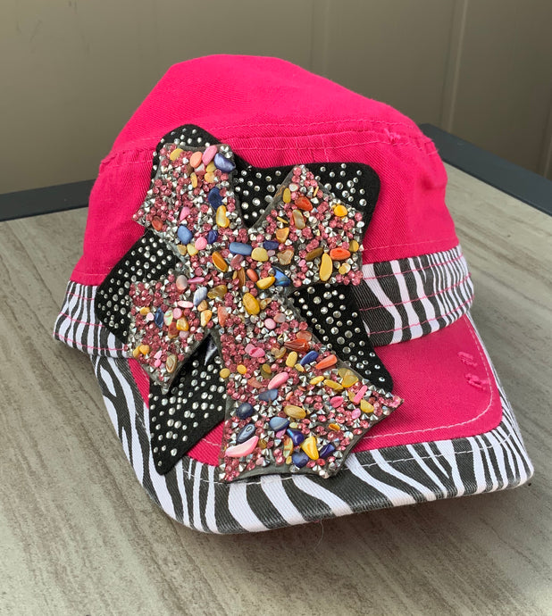 Pink and Zebra Cadet Cap with Bling Cross