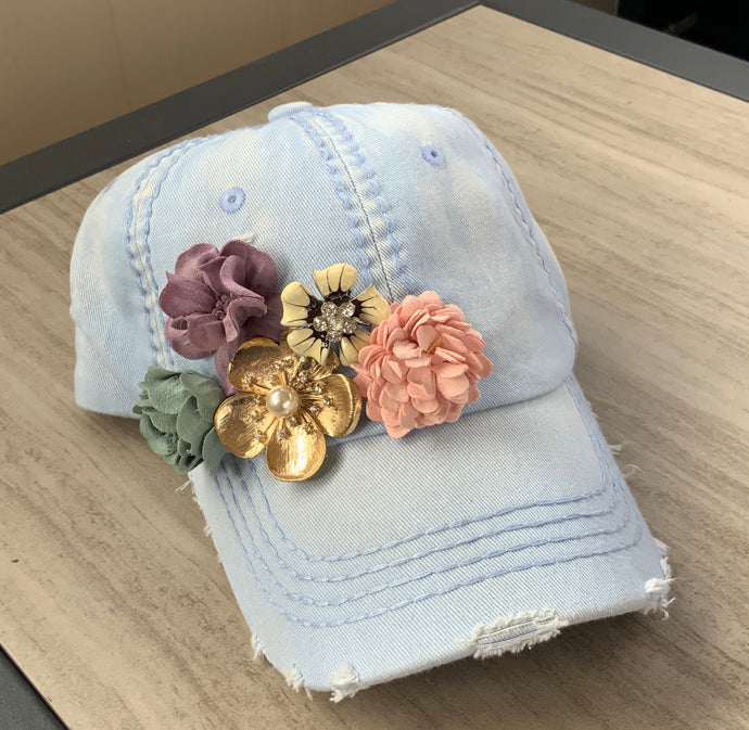 Distressed Light Denim Blue Ball Cap with Flower accents adjustable