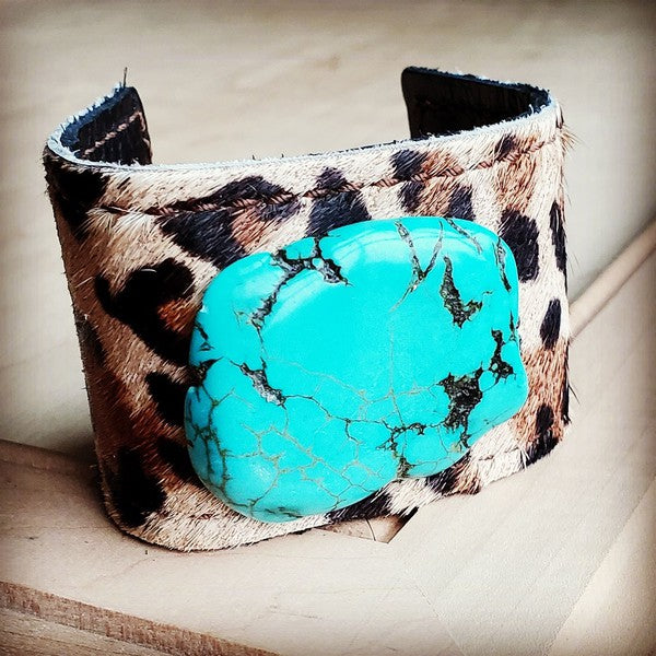 Cuff w/ Leather Tie-Leopard and Turquoise Slab
