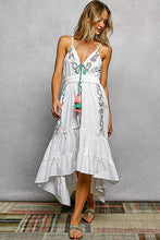 Load image into Gallery viewer, POL Embroidered Detail Tassel Tie Smocked Waist Midi Tiered Cami Dress