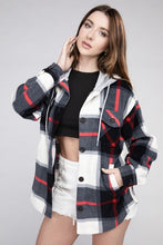 Load image into Gallery viewer, Plaid Drawstring Hooded Fleece Shacket