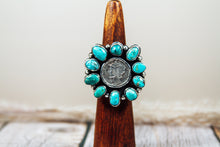Load image into Gallery viewer, Handmade Kingman Turquoise Cluster Ring with Mercury Dime | Sterling Silver Statement Ring | Size 8.75