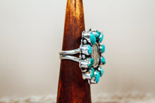 Load image into Gallery viewer, Handmade Kingman Turquoise Cluster Ring with Mercury Dime | Sterling Silver Statement Ring | Size 8.75