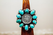 Load image into Gallery viewer, Handmade Kingman Turquoise Cluster Ring with Mercury Dime | Sterling Silver Statement Ring | Size 8.75