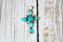 Load image into Gallery viewer, Handmade Sterling Silver Cross Pendant | Pilot Mountain Turquoise | LW Maker’s Mark