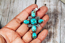 Load image into Gallery viewer, Handmade Sterling Silver Cross Pendant | Pilot Mountain Turquoise | LW Maker’s Mark