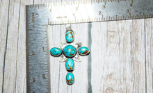 Load image into Gallery viewer, Handmade Sterling Silver Cross Pendant | Pilot Mountain Turquoise | LW Maker’s Mark