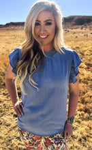 Load image into Gallery viewer, Light Wash Babydoll Top with Short Sleeve Ruffle adds a Playful Charm