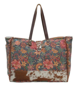 Floral and Cowhide Weekender Bag