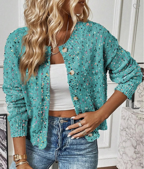 Frenchie Cardigan in Teal and Multi Colored Threads with Rhinestones