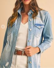 Load image into Gallery viewer, Light Wash Distressed Frayed Long Denim Jacket