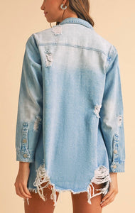 Light Wash Distressed Frayed Long Denim Jacket