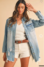 Load image into Gallery viewer, Light Wash Distressed Frayed Long Denim Jacket