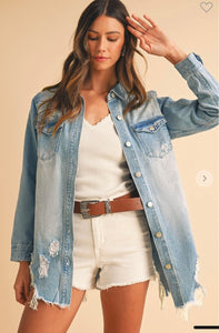 Light Wash Distressed Frayed Long Denim Jacket