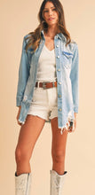 Load image into Gallery viewer, Light Wash Distressed Frayed Long Denim Jacket