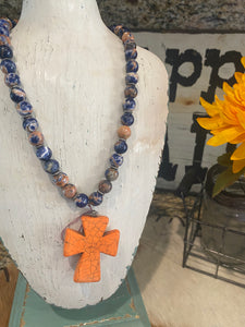 Multi Blue Beaded Necklace with Orange Cross Pendant
