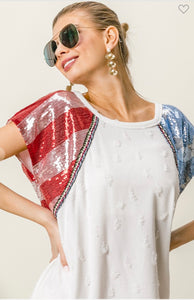 American Flag Sequins Sleeve Distressed Knit Top