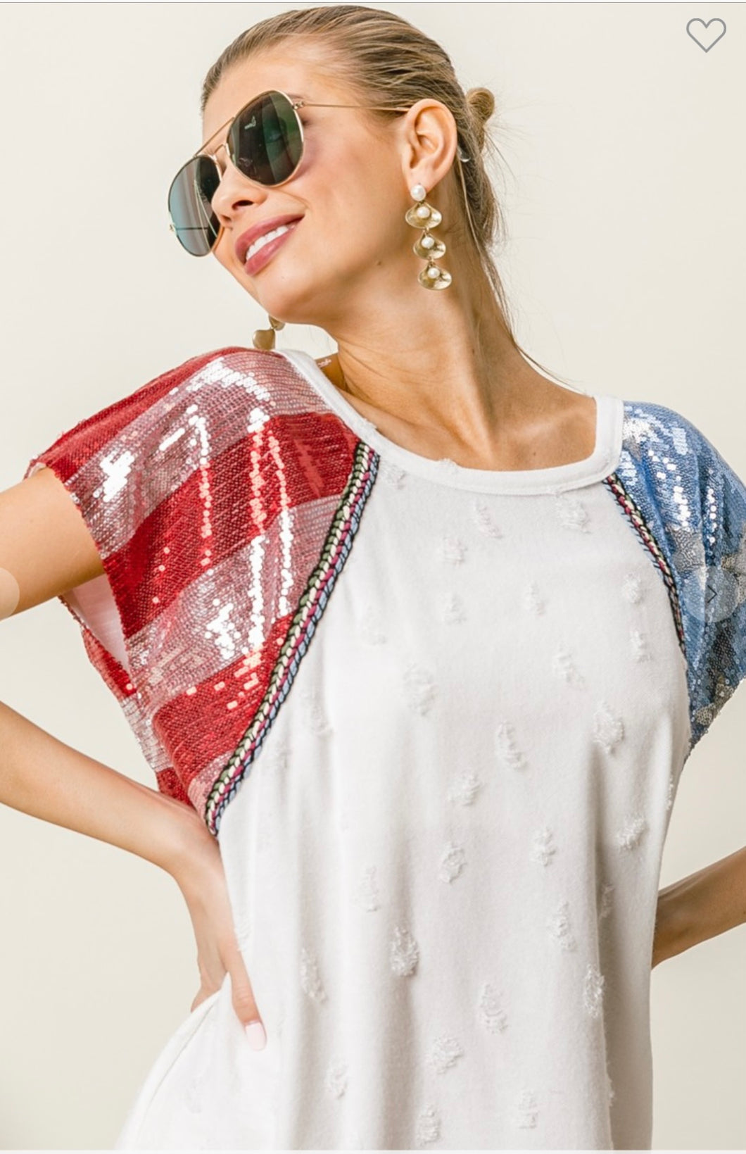 American Flag Sequins Sleeve Distressed Knit Top
