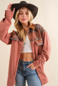Brush Aztec With Suede Looking Collar and Front Pockets Jacket / Shacket