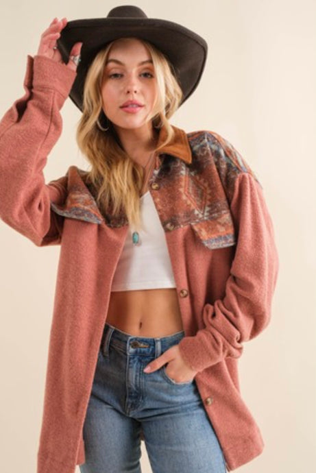 Brush Aztec With Suede Looking Collar and Front Pockets Jacket / Shacket