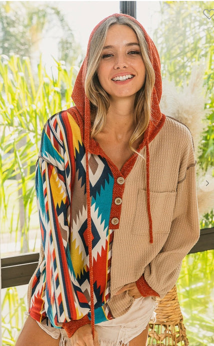 Super Cute Waffle Knit With Aztec Block Hoodie