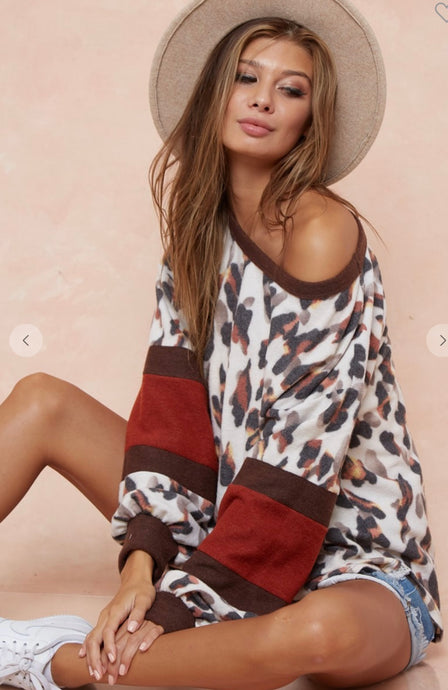 Leopard Print Brush Knit with Rust Color Block Sleeve Detail Sweatshirt
