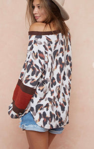 Leopard Print Brush Knit with Rust Color Block Sleeve Detail Sweatshirt
