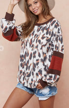 Load image into Gallery viewer, Leopard Print Brush Knit with Rust Color Block Sleeve Detail Sweatshirt