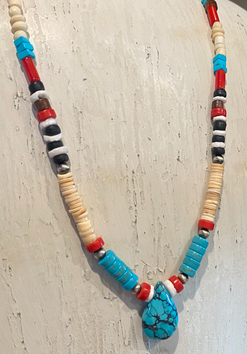 Heshi Beaded Necklace with Turquoise Pendant and Sterling Navajo Pearls