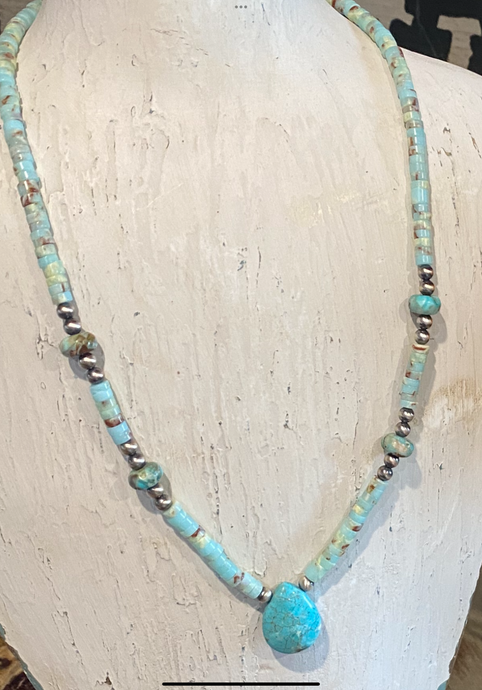 African Turquoise with Jasper and Turquoise Pendant with Sterling Navajo Pearls
