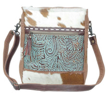 Load image into Gallery viewer, Embossed Leather with Turquoise Floral and Cowhide Cross Body!