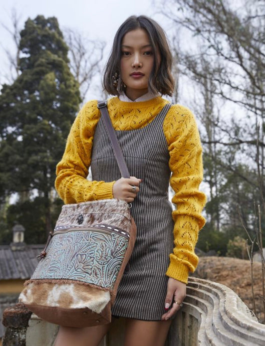 Spacious Cross Body Bag With Cowhide and Turquoise, Leather and Canvas