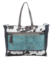 Load image into Gallery viewer, Turquoise and Cowhide Weekender Bag