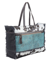 Load image into Gallery viewer, Turquoise and Cowhide Weekender Bag