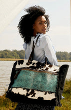 Load image into Gallery viewer, Turquoise and Cowhide Weekender Bag