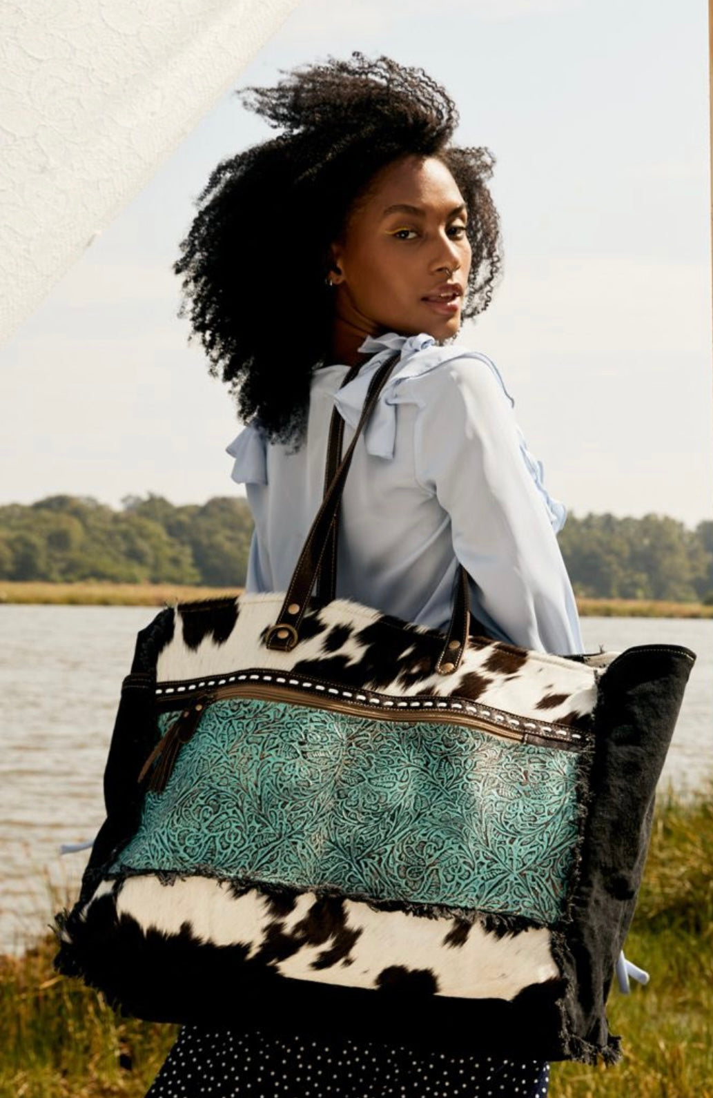 Turquoise and Cowhide Weekender Bag