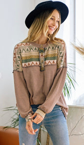 Aztec Contrast Long Sleeve with Button Detailing Top