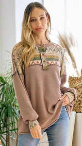 Aztec Contrast Long Sleeve with Button Detailing Top