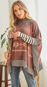 Winter Poncho With Stripped Contrast Sleeves