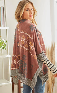 Winter Poncho With Stripped Contrast Sleeves
