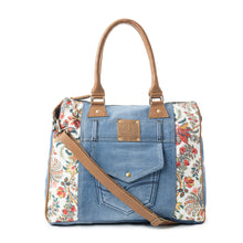 Load image into Gallery viewer, Myra Crimson Glade Floral Canvas Tote Bag - Dual Handle Leather Strap Upcycled Denim Bag for Fun Outings