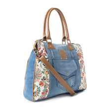 Load image into Gallery viewer, Myra Crimson Glade Floral Canvas Tote Bag - Dual Handle Leather Strap Upcycled Denim Bag for Fun Outings