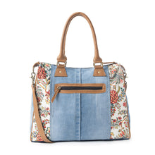 Load image into Gallery viewer, Myra Crimson Glade Floral Canvas Tote Bag - Dual Handle Leather Strap Upcycled Denim Bag for Fun Outings