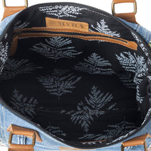 Load image into Gallery viewer, Myra Crimson Glade Floral Canvas Tote Bag - Dual Handle Leather Strap Upcycled Denim Bag for Fun Outings