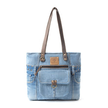 Load image into Gallery viewer, Myra Ashley Adventure Denim Leather Tote Bag - Multi-Compartment Western Bag with Sturdy Leather Handles for Easy Carry