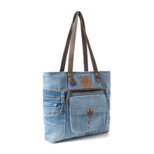 Load image into Gallery viewer, Myra Ashley Adventure Denim Leather Tote Bag - Multi-Compartment Western Bag with Sturdy Leather Handles for Easy Carry