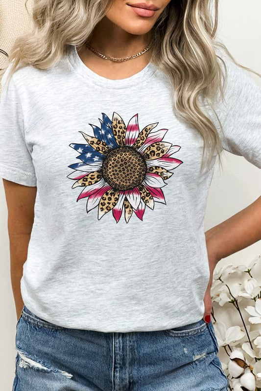 American Flag Sunflower Leopard Print Graphic Tee