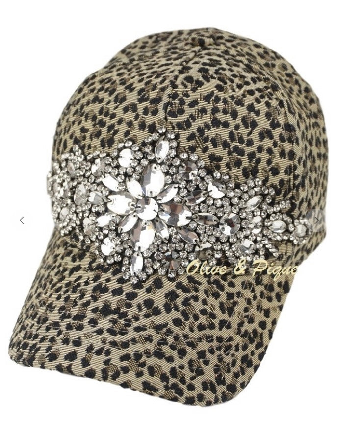 Leopard Ball Cap with Rhinestones Adjustable