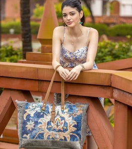 Canvas Weekender Bag with Embroidered Front Leather Straps