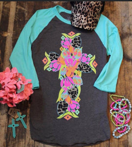 Cute Shirt with Baseball sleeves and Leopard Cross accents